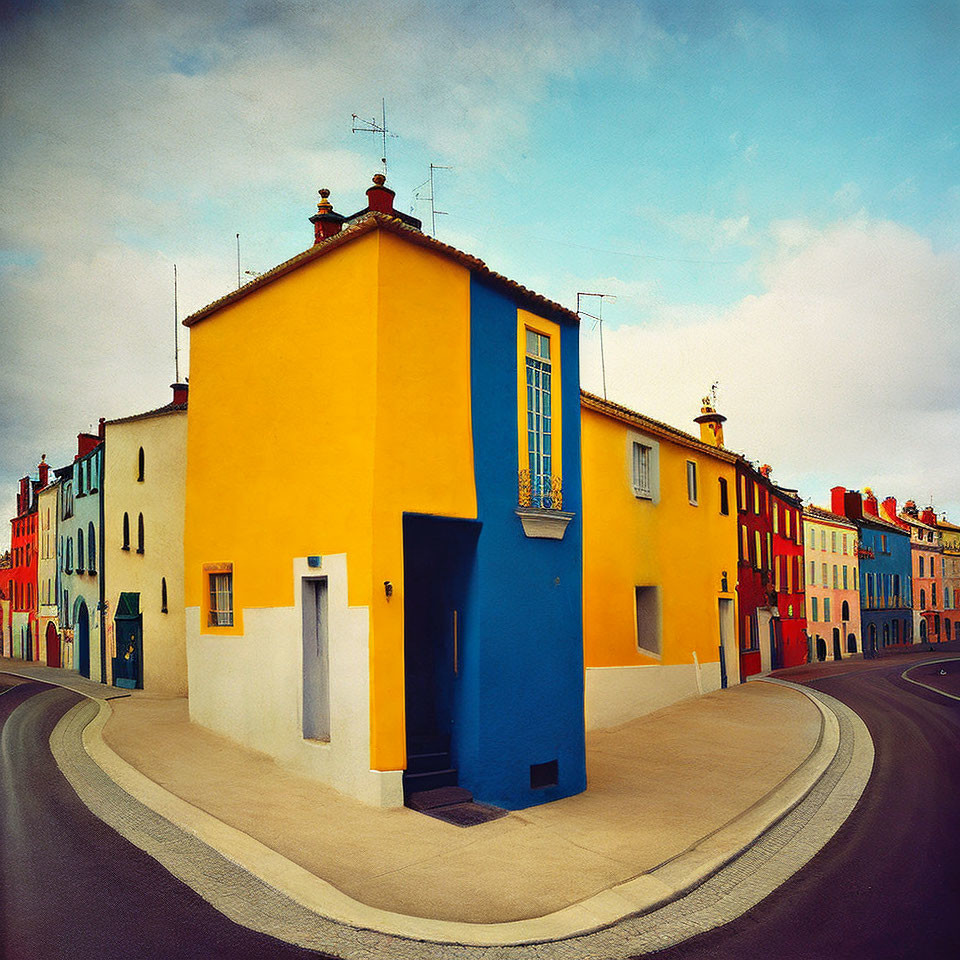 Vibrant yellow house with blue accents on colorful street corner