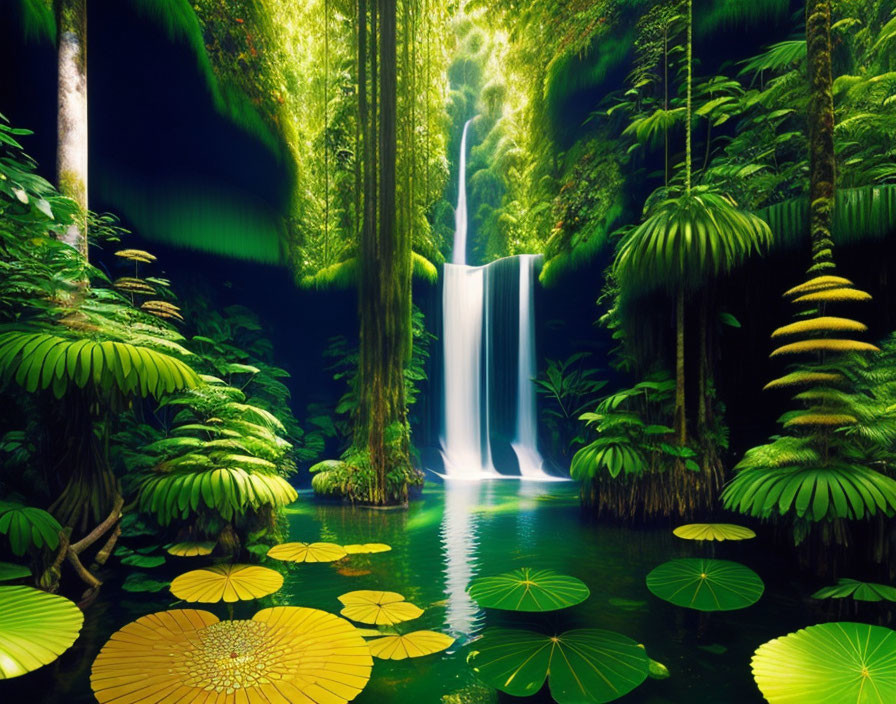 Lush Green Forest with Tranquil Waterfall and Vibrant Foliage