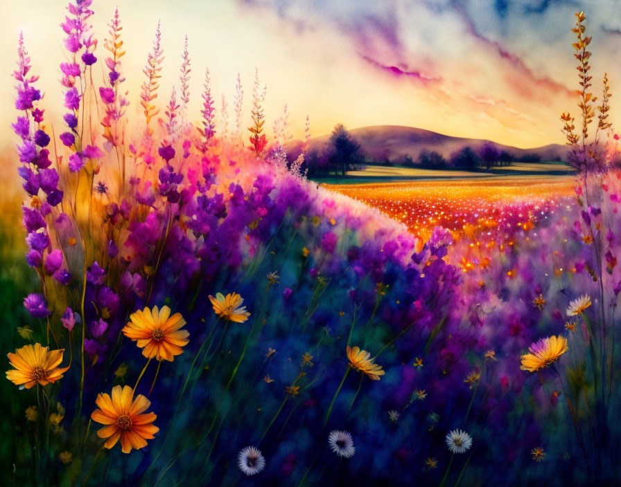 Scenic wildflower field with purple hues and golden sunset