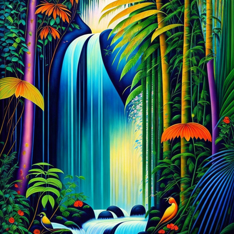 Colorful Tropical Waterfall Scene with Exotic Plants at Night