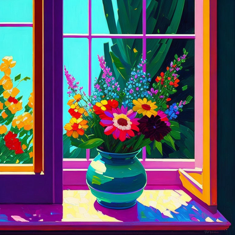 Colorful flowers in blue vase on windowsill against garden backdrop