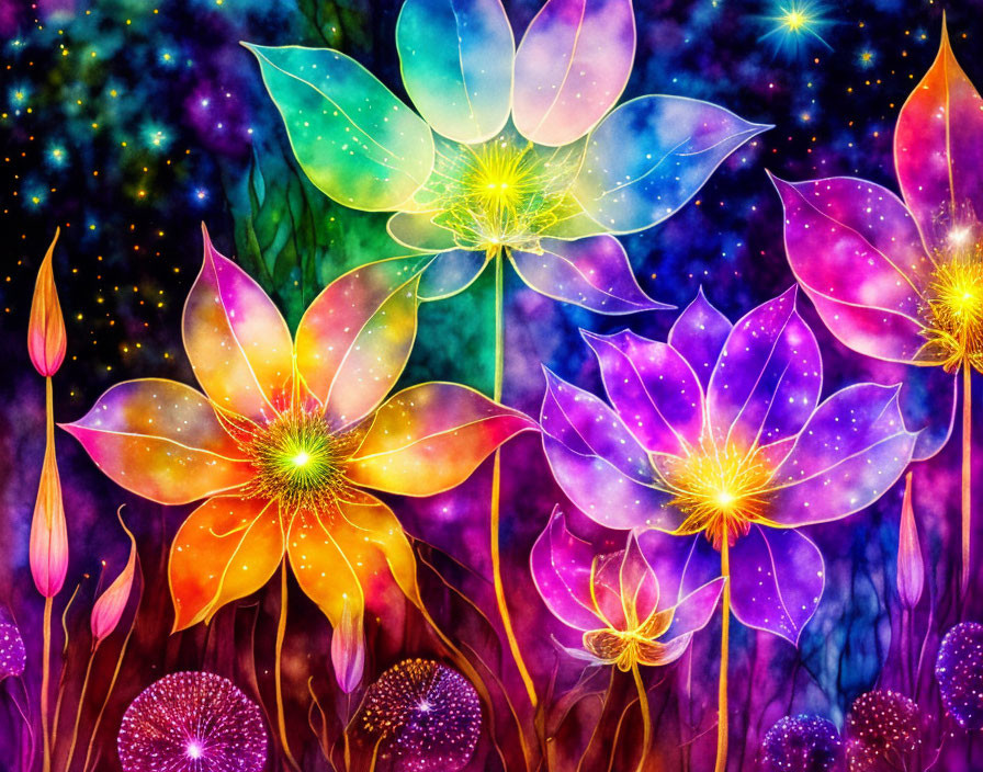 Colorful Translucent Flower Petals on Cosmic Background