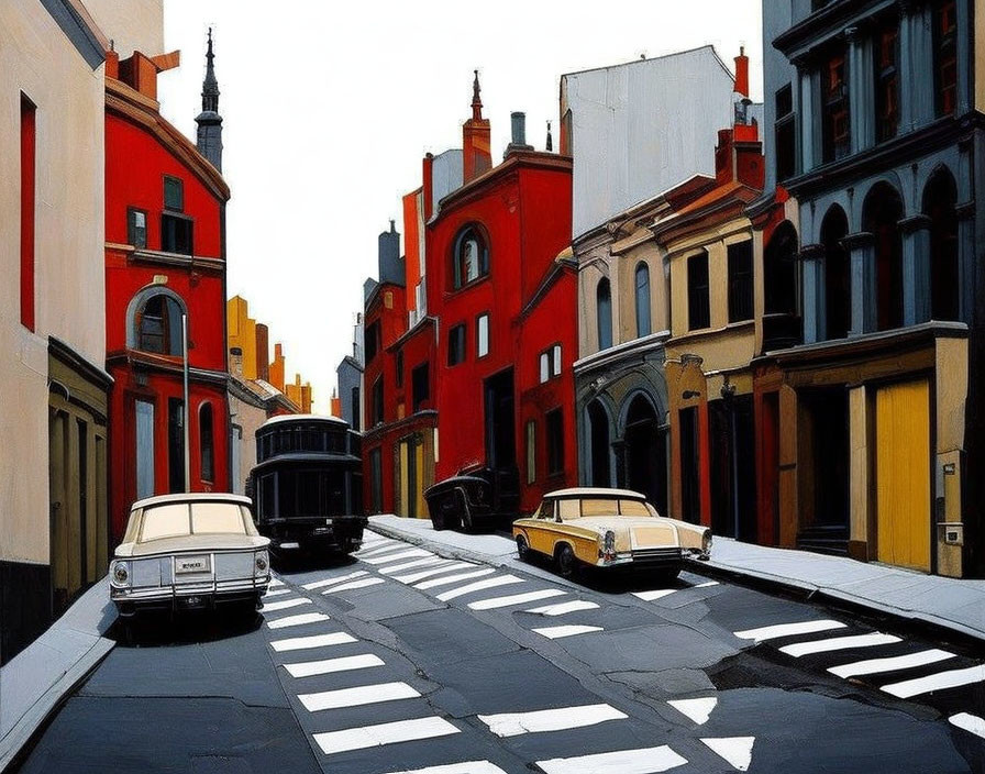 Colorful Street Painting with Old-Fashioned Cars and Crosswalk