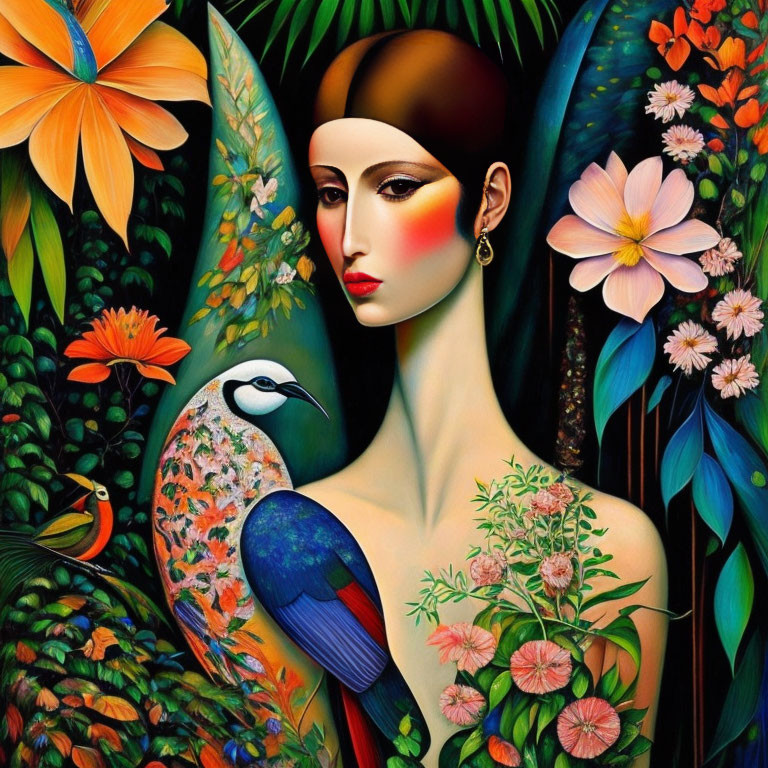 Colorful Stylized Portrait of Woman with Tropical Flowers and Bird