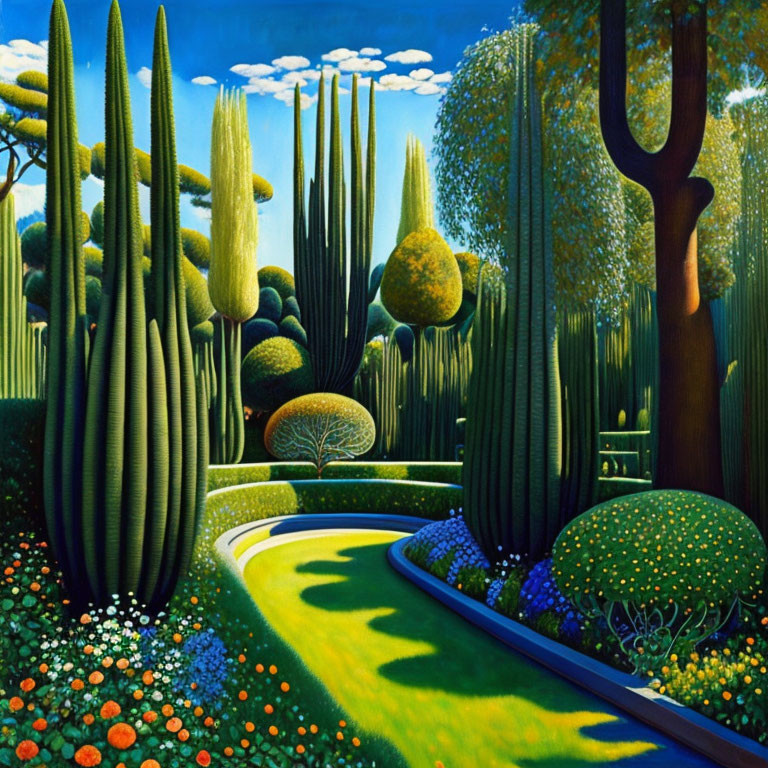 Colorful painting of fantastical topiary garden with path