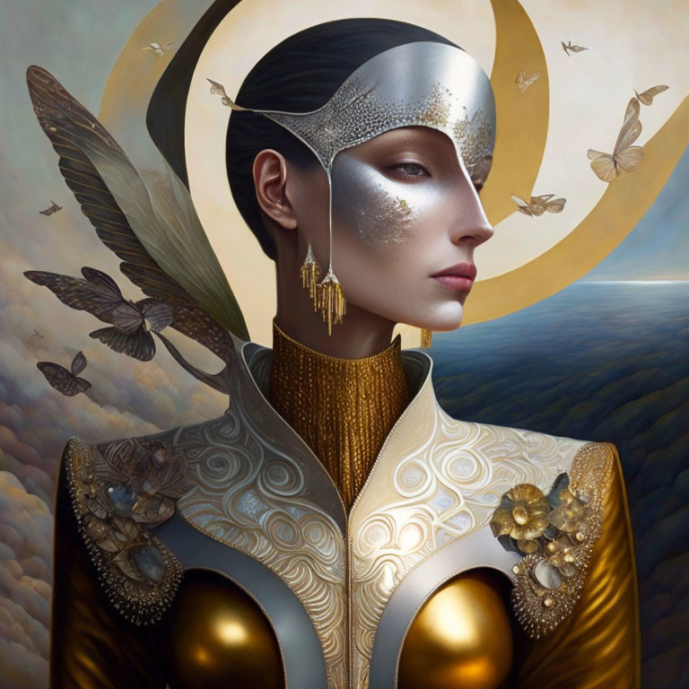 Surreal portrait of woman with silver headpiece and golden armor surrounded by butterflies