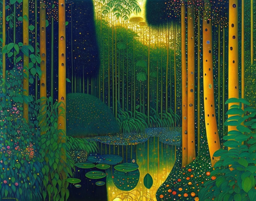 Enchanting night forest with golden bamboo, starry sky, lush greenery, and ethereal