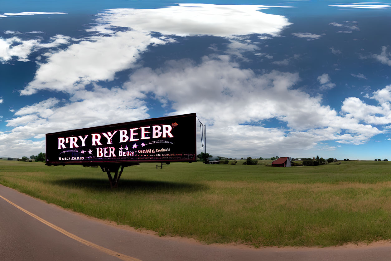 Rural Landscape Panorama with Beer Billboard and Cloudy Sky