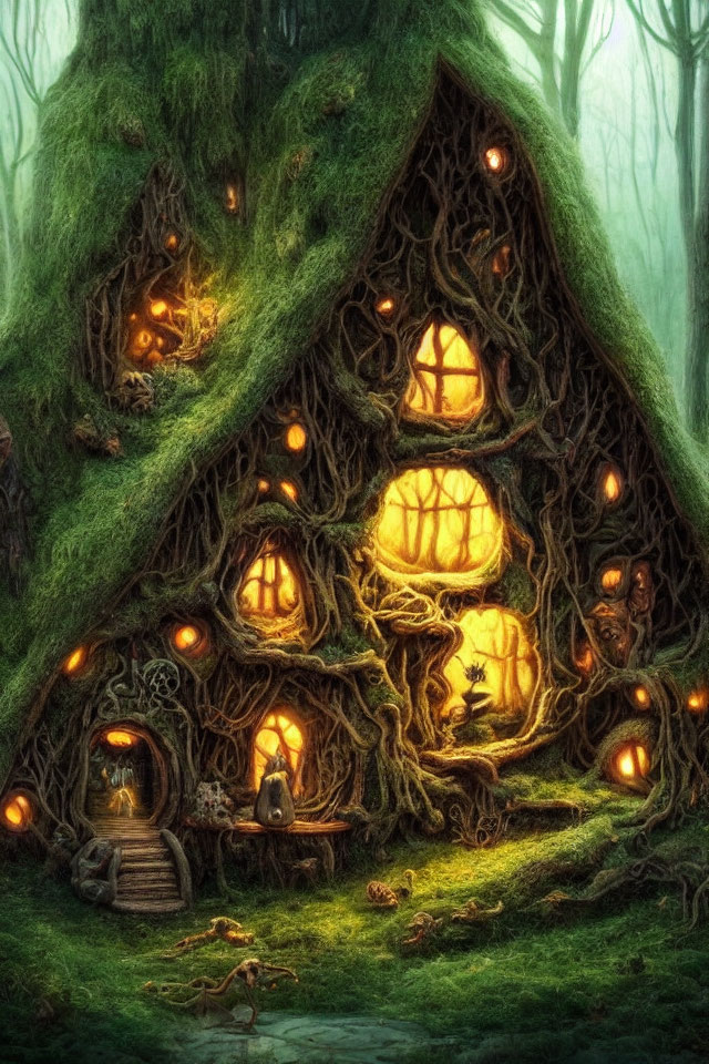 Glowing treehouse in mystical forest with twisted roots