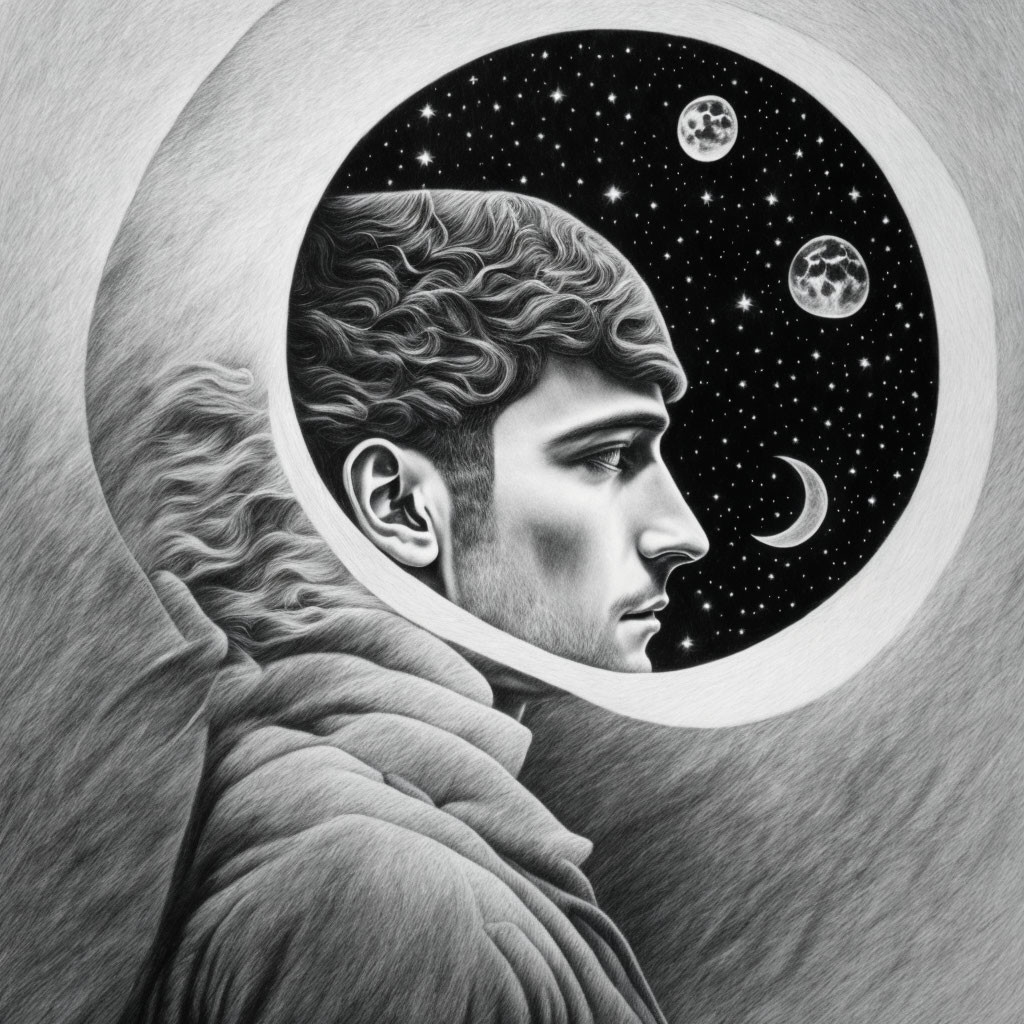 Detailed pencil sketch of man's profile merging with cosmic scene