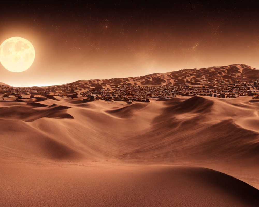 Desert landscape with full moon and futuristic city under starry sky