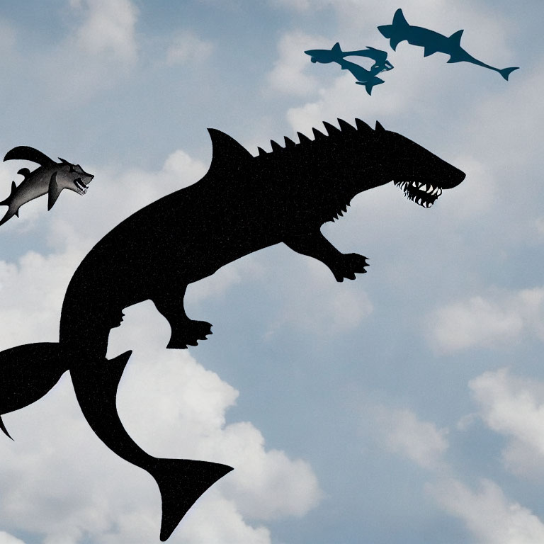 Fantastical creature silhouette: shark body, dinosaur head, birds in cloudy sky