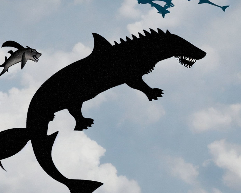 Fantastical creature silhouette: shark body, dinosaur head, birds in cloudy sky