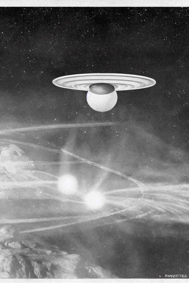 Vintage Black and White UFO Illustration with Saturn-like Rings and Celestial Landscape