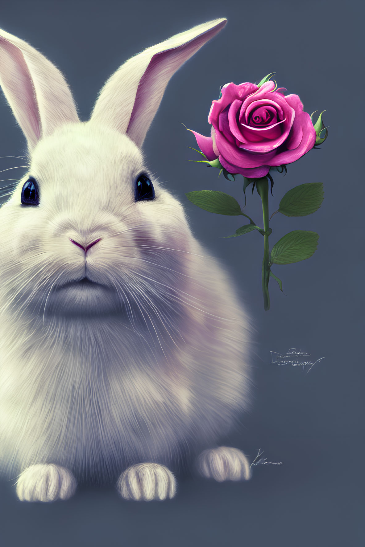 White Rabbit with Expressive Eyes and Pink Rose on Gray Background