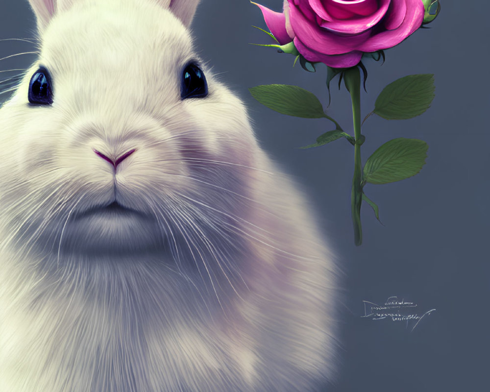 White Rabbit with Expressive Eyes and Pink Rose on Gray Background