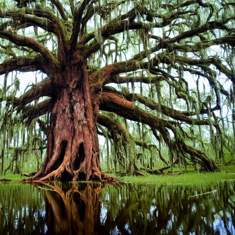 Majestic old tree with large roots and Spanish moss in swampy area.