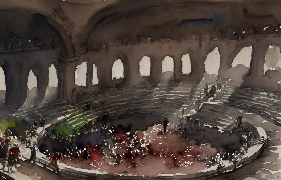 Indoor historical amphitheater watercolor painting