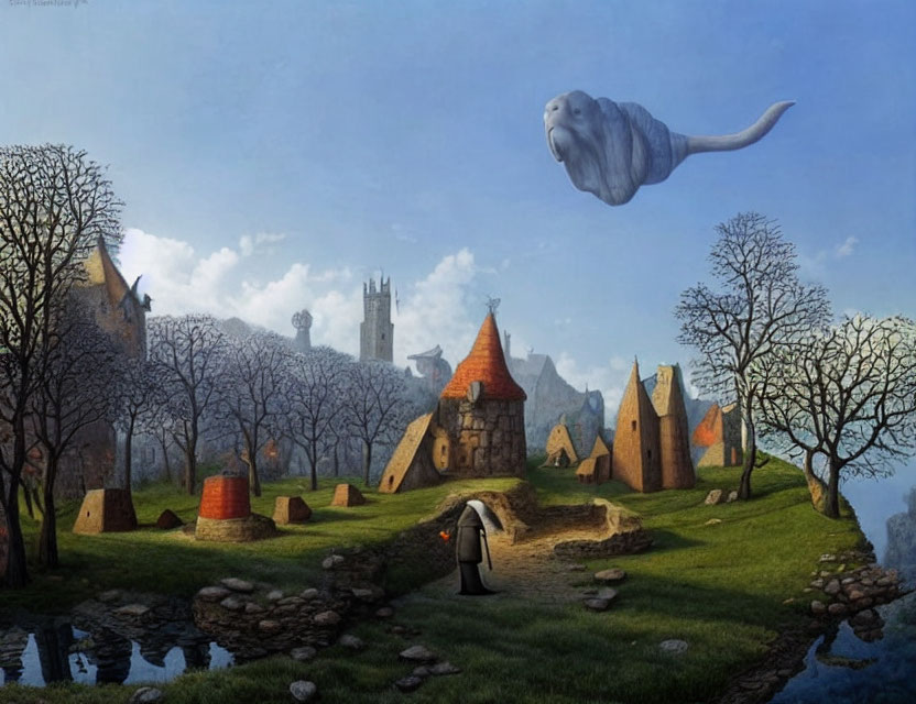 Surreal medieval landscape with floating whale and lone figure