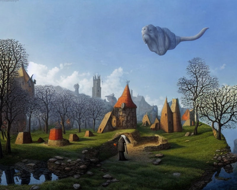 Surreal medieval landscape with floating whale and lone figure