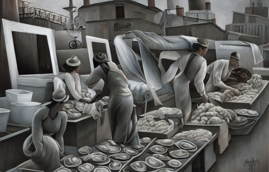 Monochrome painting of bakers in vintage bakery