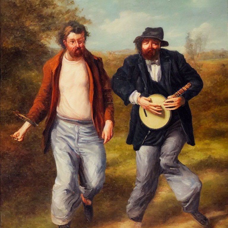 Men in rustic attire playing banjo and dancing outdoors in pastoral setting