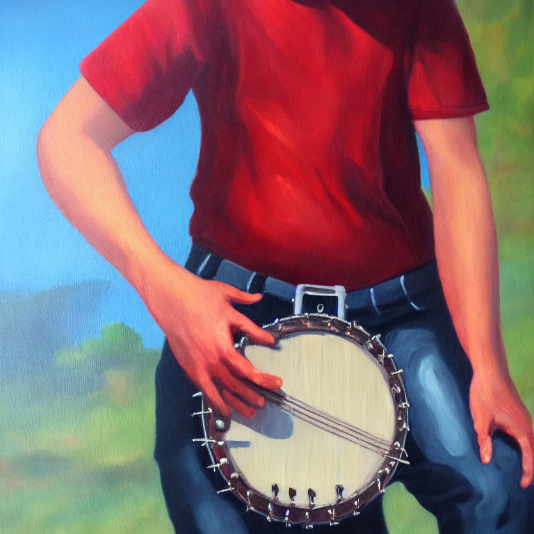 Person in red shirt with banjo against blurred background