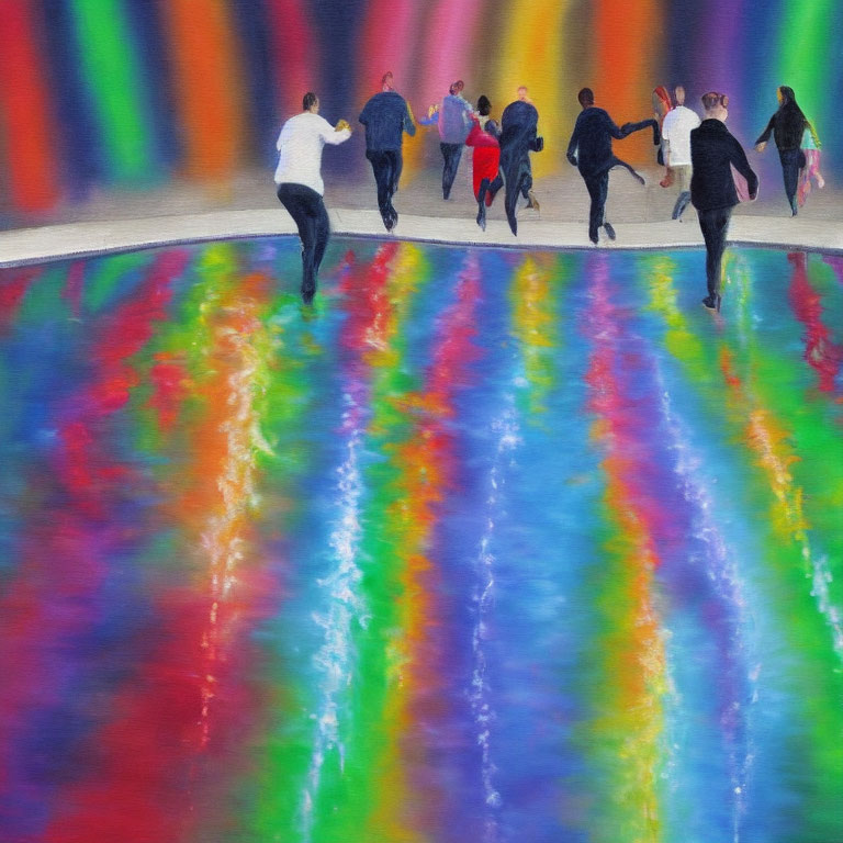 Group of People Running Towards Colorful Abstract Light Portal