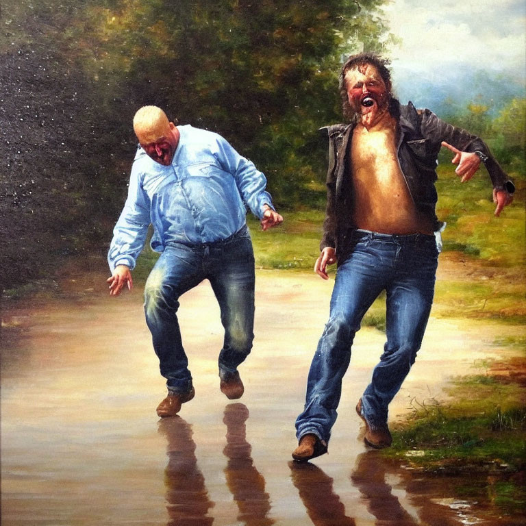 Two Men Running on Wet Pathway in Outdoor Setting