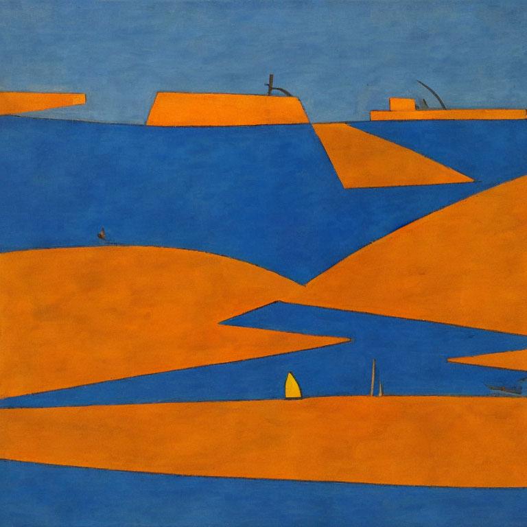 Geometric Abstract Painting: Blue and Orange Landscape with Boats