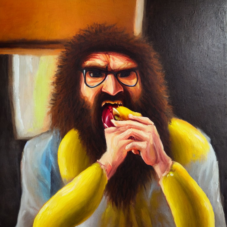 Portrait of a person with bushy beard and glasses eating a sandwich