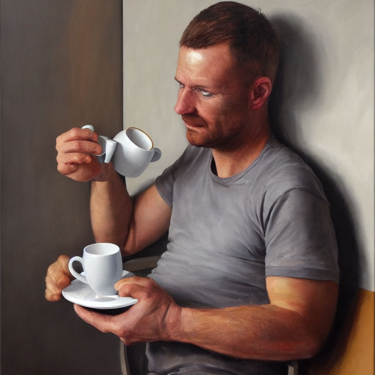 Bearded man sitting with cup and saucer