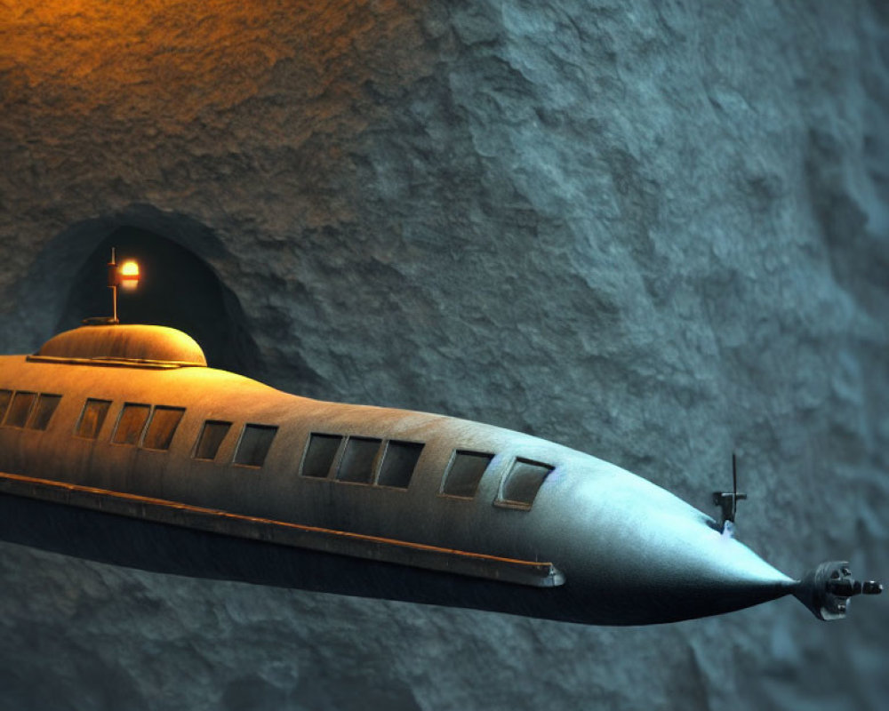 Submarine with Light and Portholes Near Rock Wall