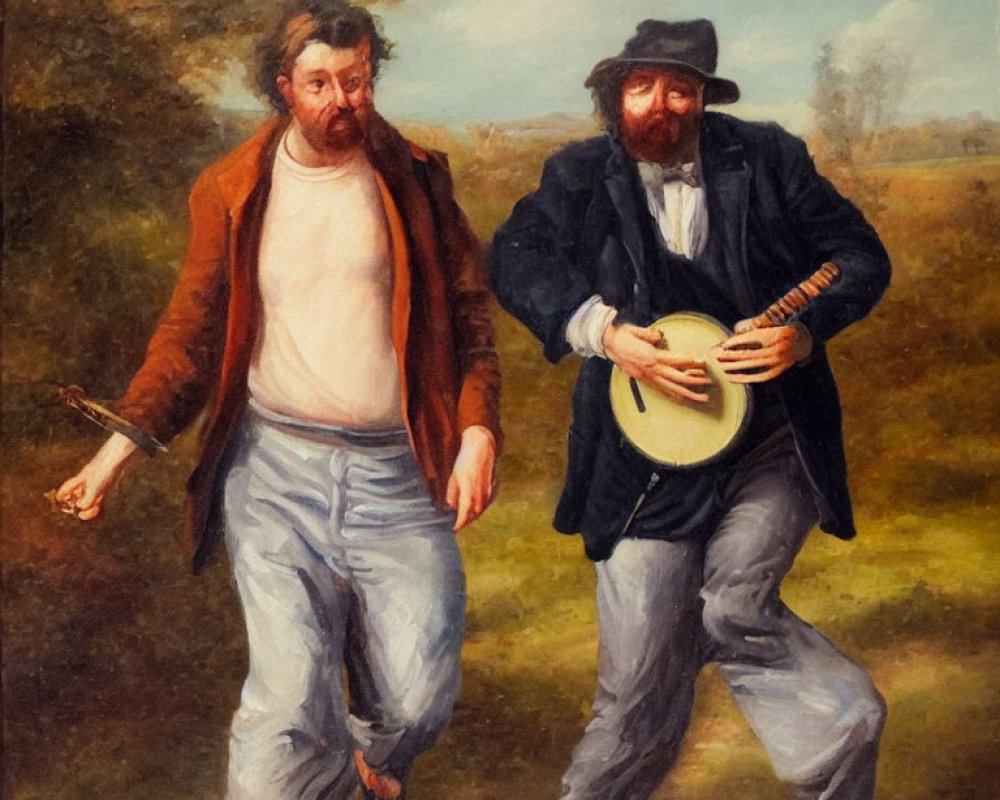 Men in rustic attire playing banjo and dancing outdoors in pastoral setting