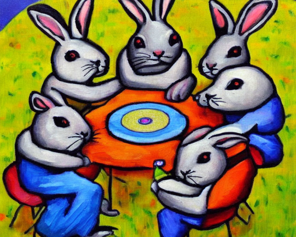 Colorful Painting of Six Rabbits with Paintbrushes at Round Table