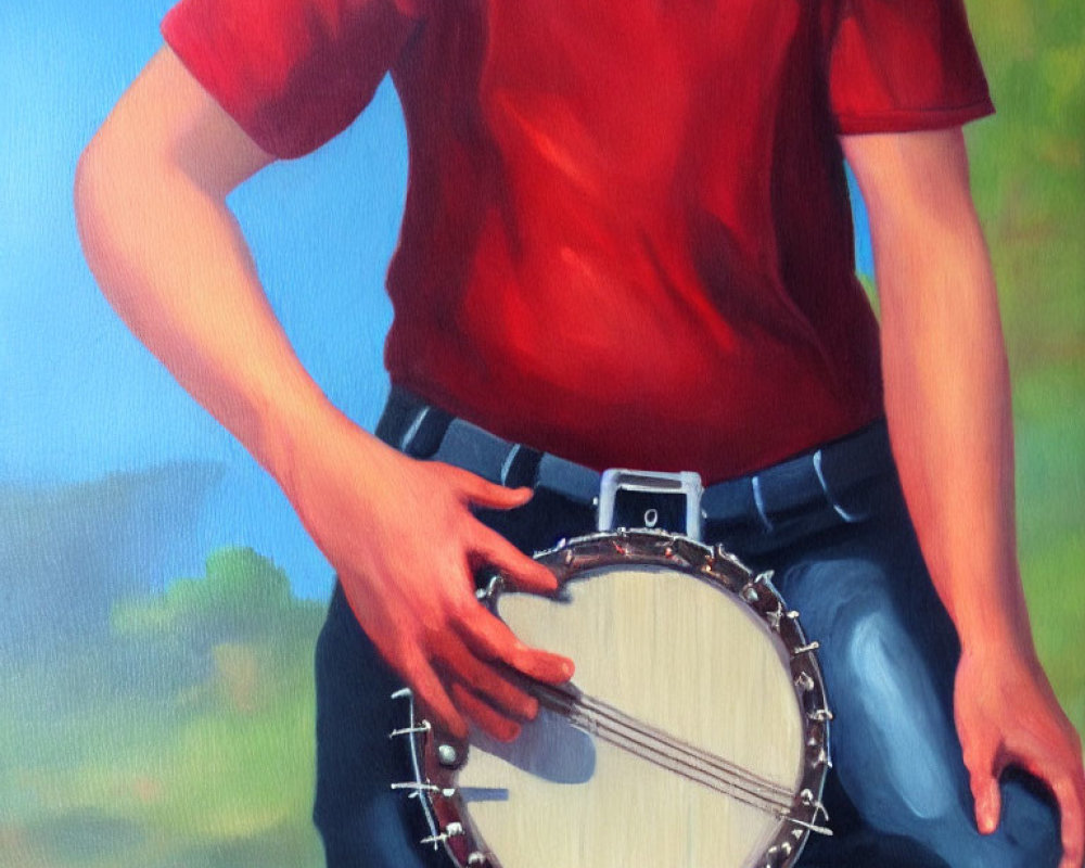 Person in red shirt with banjo against blurred background