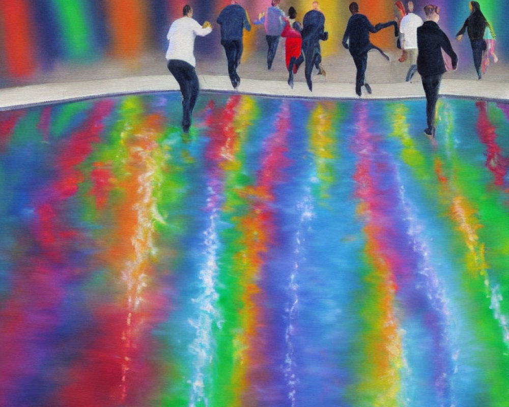 Group of People Running Towards Colorful Abstract Light Portal