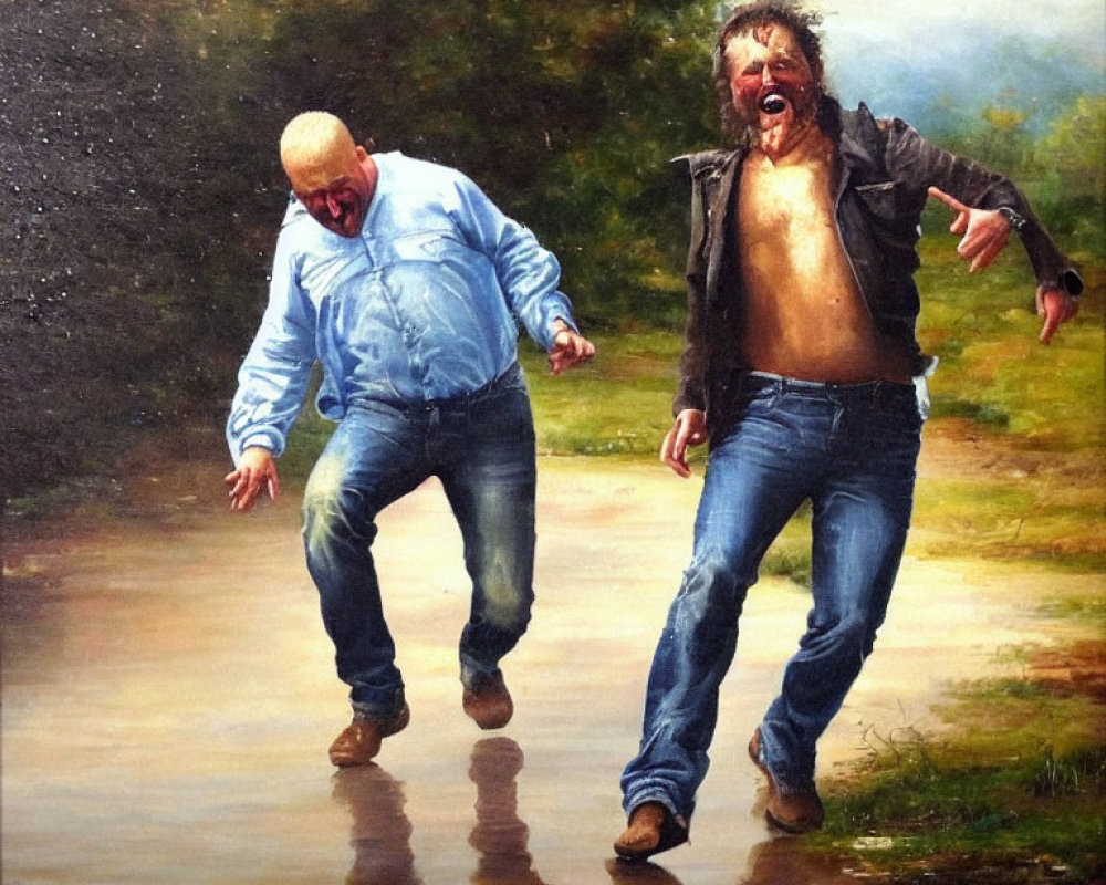 Two Men Running on Wet Pathway in Outdoor Setting