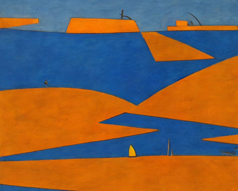 Geometric Abstract Painting: Blue and Orange Landscape with Boats