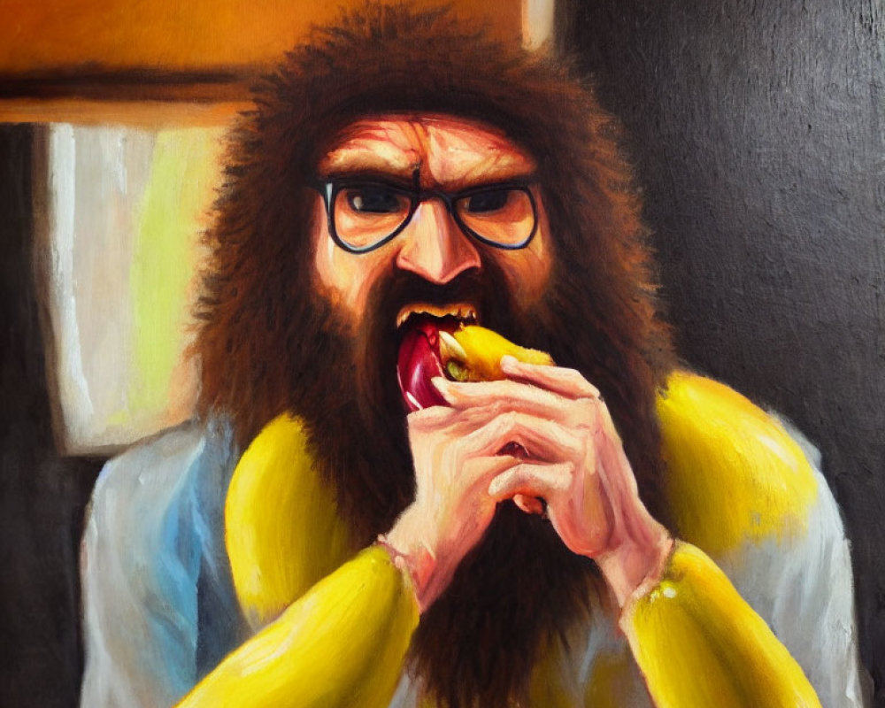 Portrait of a person with bushy beard and glasses eating a sandwich