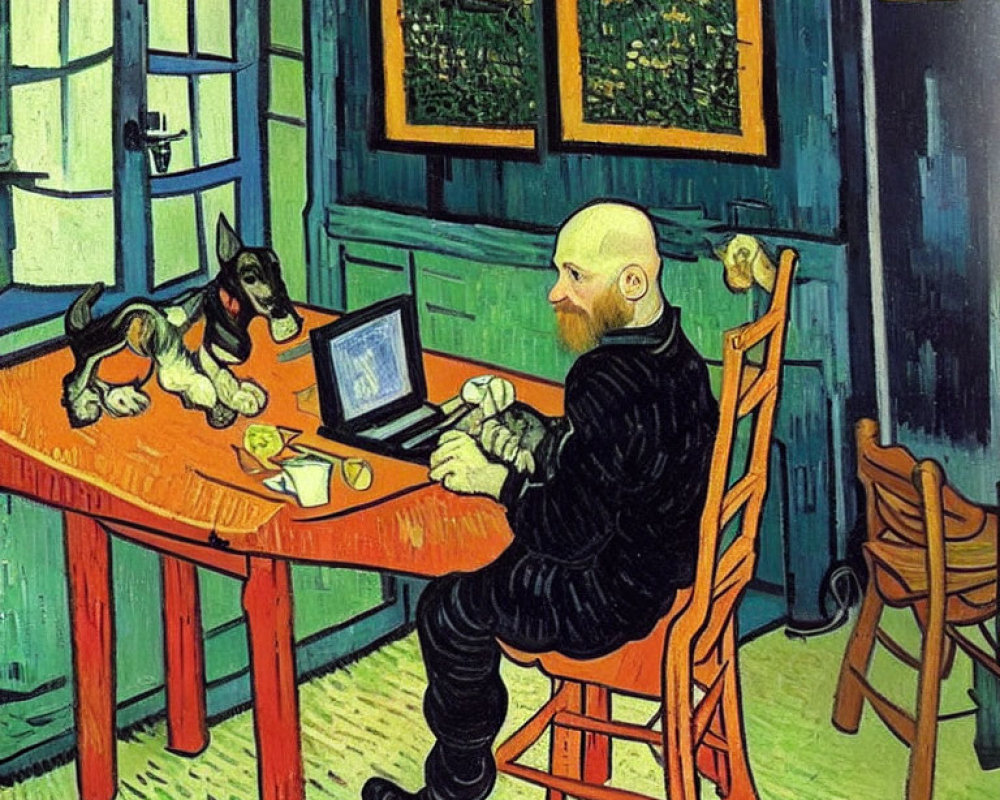 Vincent Van Gogh-style painting of bald person at desk with laptop, window, dog, and