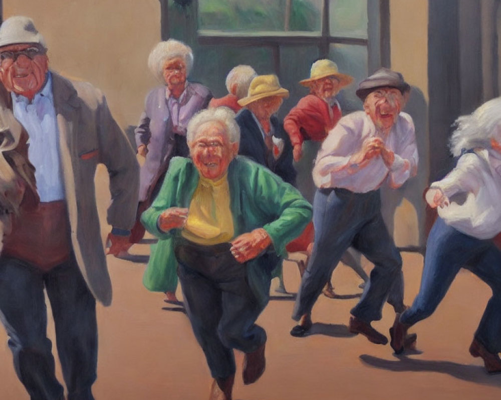 Elderly individuals running joyfully in a sunlit setting