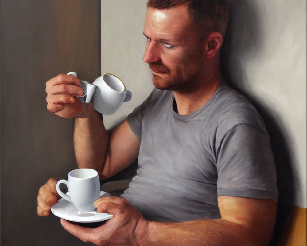 Bearded man sitting with cup and saucer