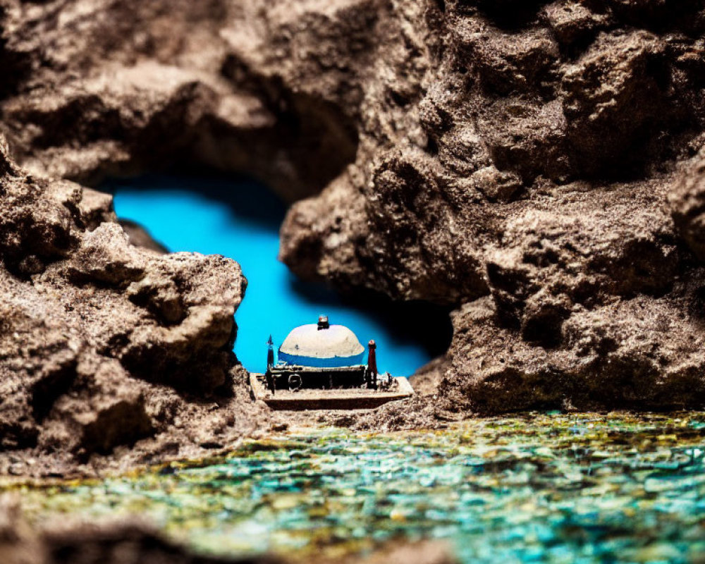 Miniature submarine explores rocky underwater cavern with vivid blue backdrop