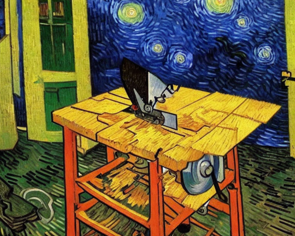 Room painting with table, chair, and night sky motif