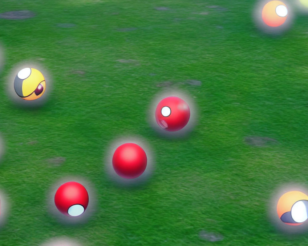 Assorted Poké Balls on Grass Field Displayed