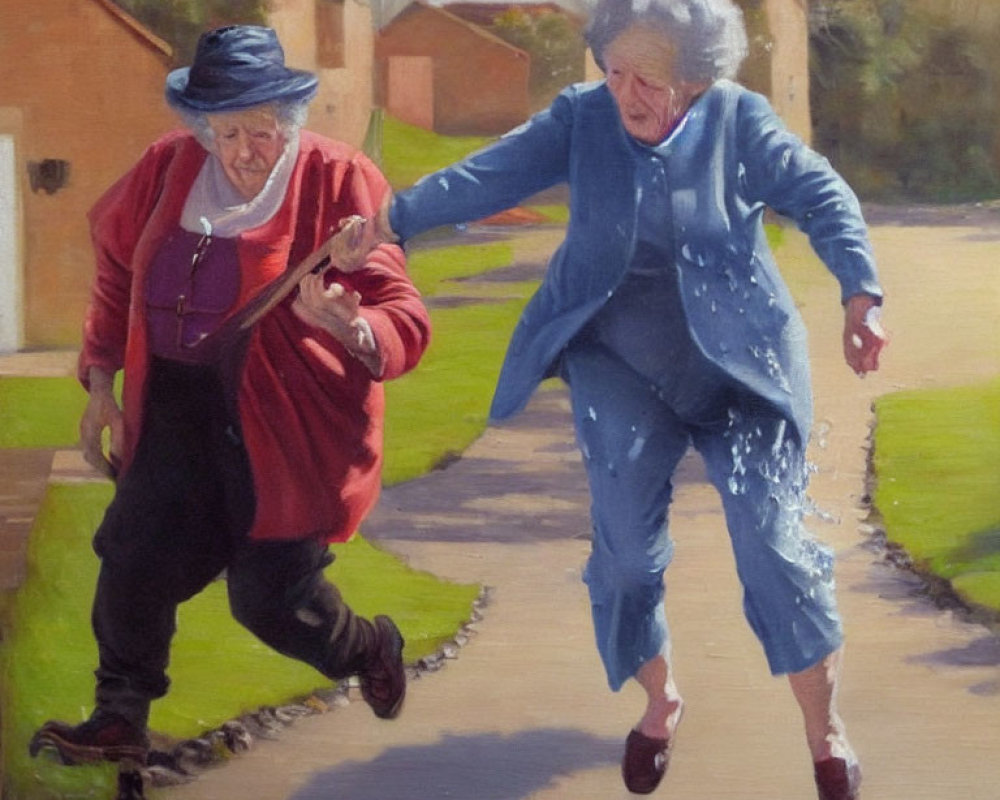 Elderly women in red and blue running on sunny street