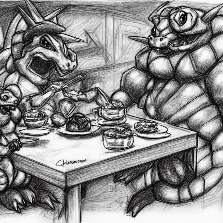 Monochrome sketch: Four dragons dining with chopsticks