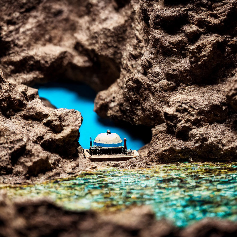 Miniature submarine explores rocky underwater cavern with vivid blue backdrop