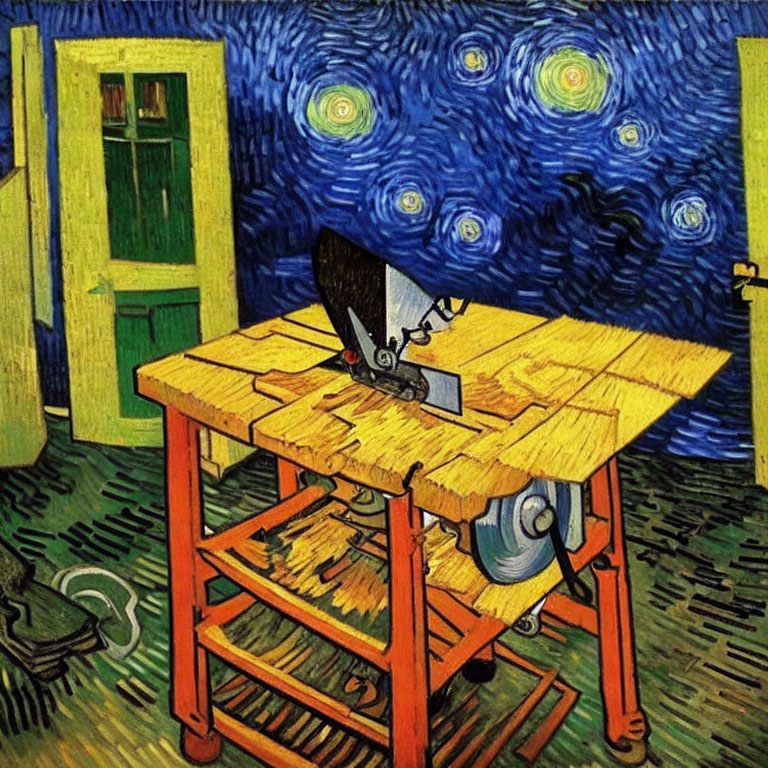 Room painting with table, chair, and night sky motif